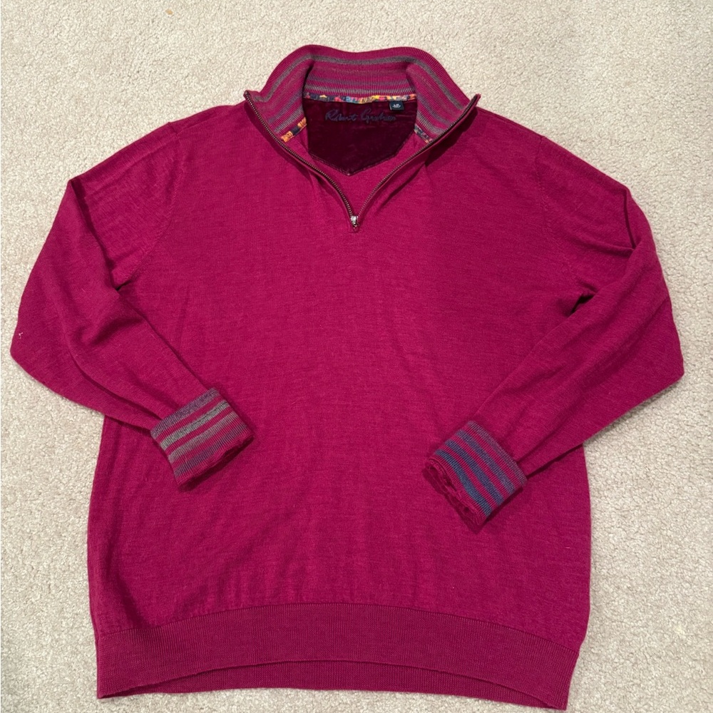 Robert Graham 100% Wool Quarter 1/4 Zip Sweater Men L Burgundy Fuchsia Red Knit